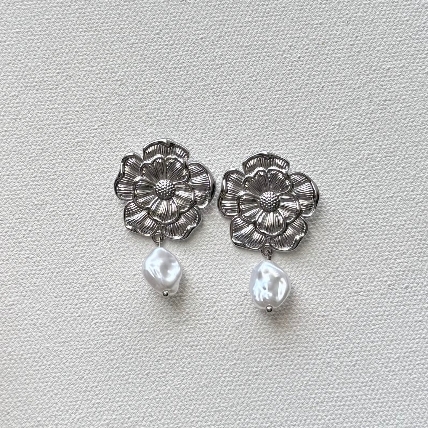 Pearl Drop - Silver Flower Earrings