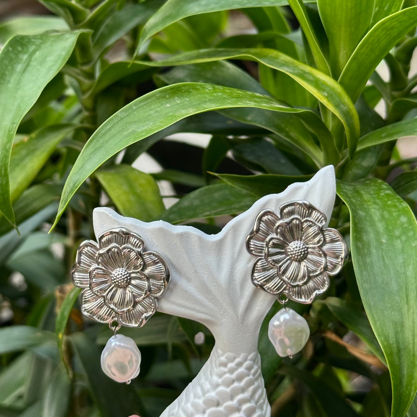 Pearl Drop - Silver Flower Earrings