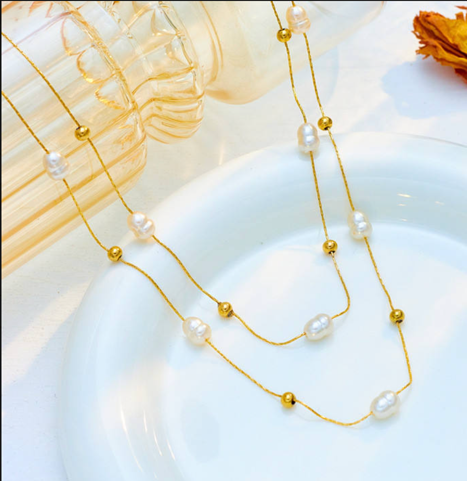 Double Drama - Layered Gold & Pearl Necklace