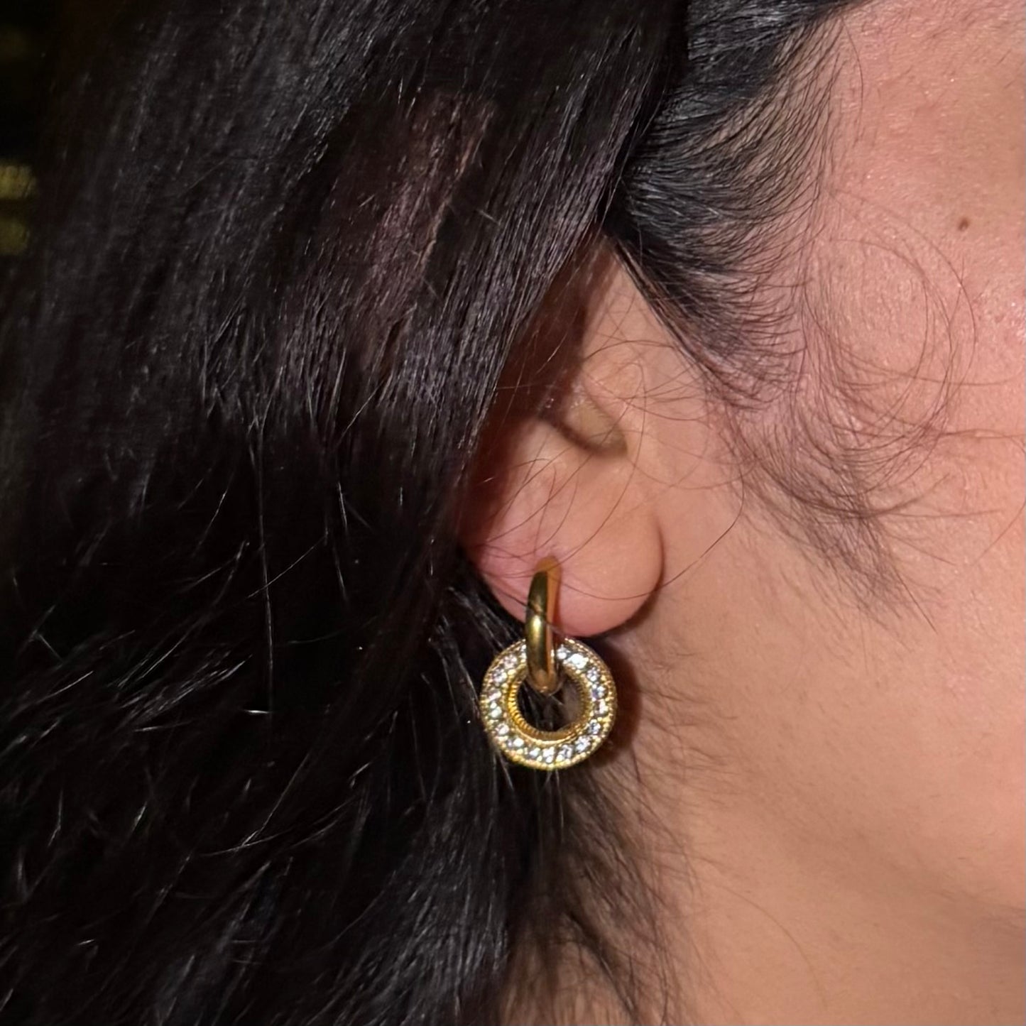 Loop Me In – Gold Crystal-Studded Interlock Hoops