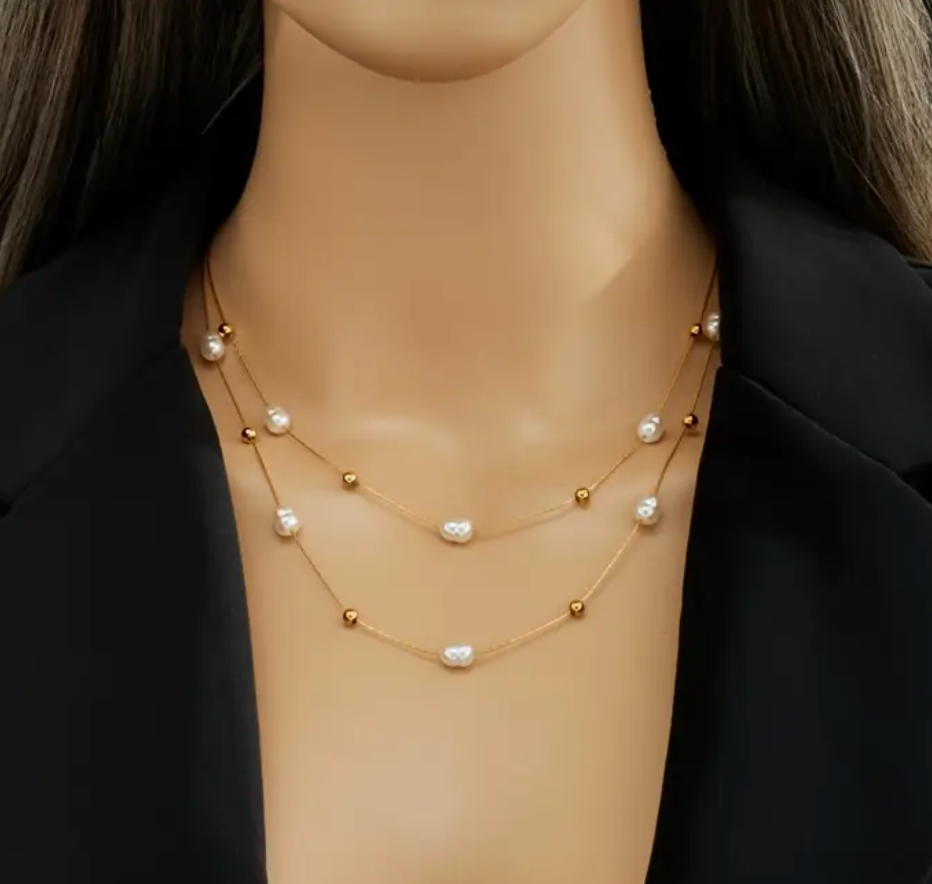 Double Drama - Layered Gold & Pearl Necklace