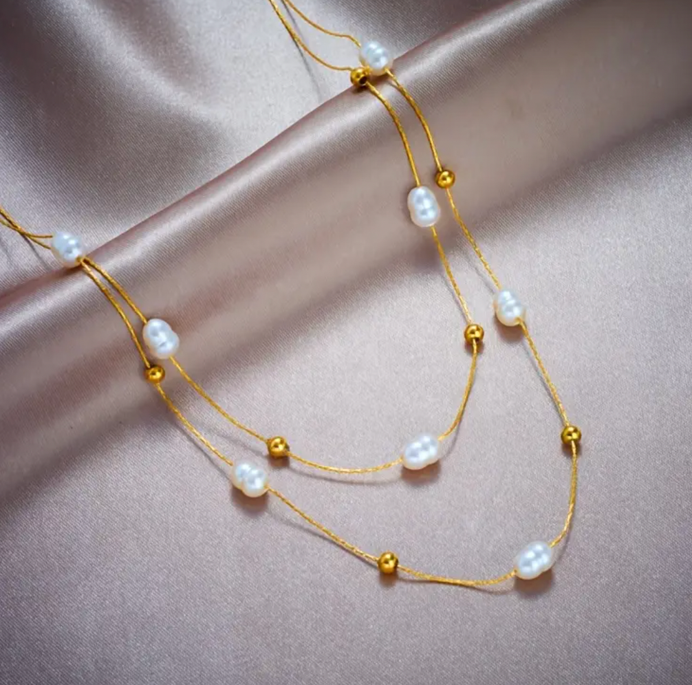 Double Drama - Layered Gold & Pearl Necklace