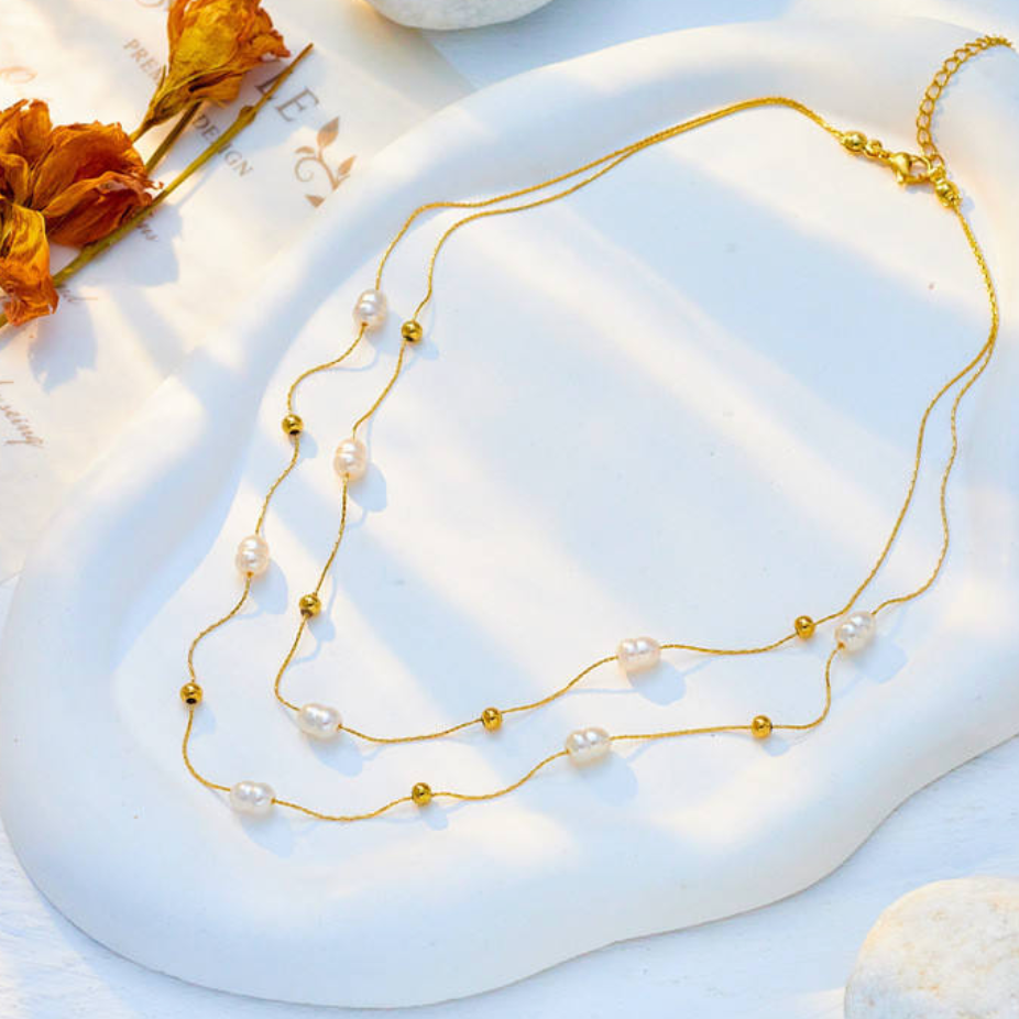 Double Drama - Layered Gold & Pearl Necklace