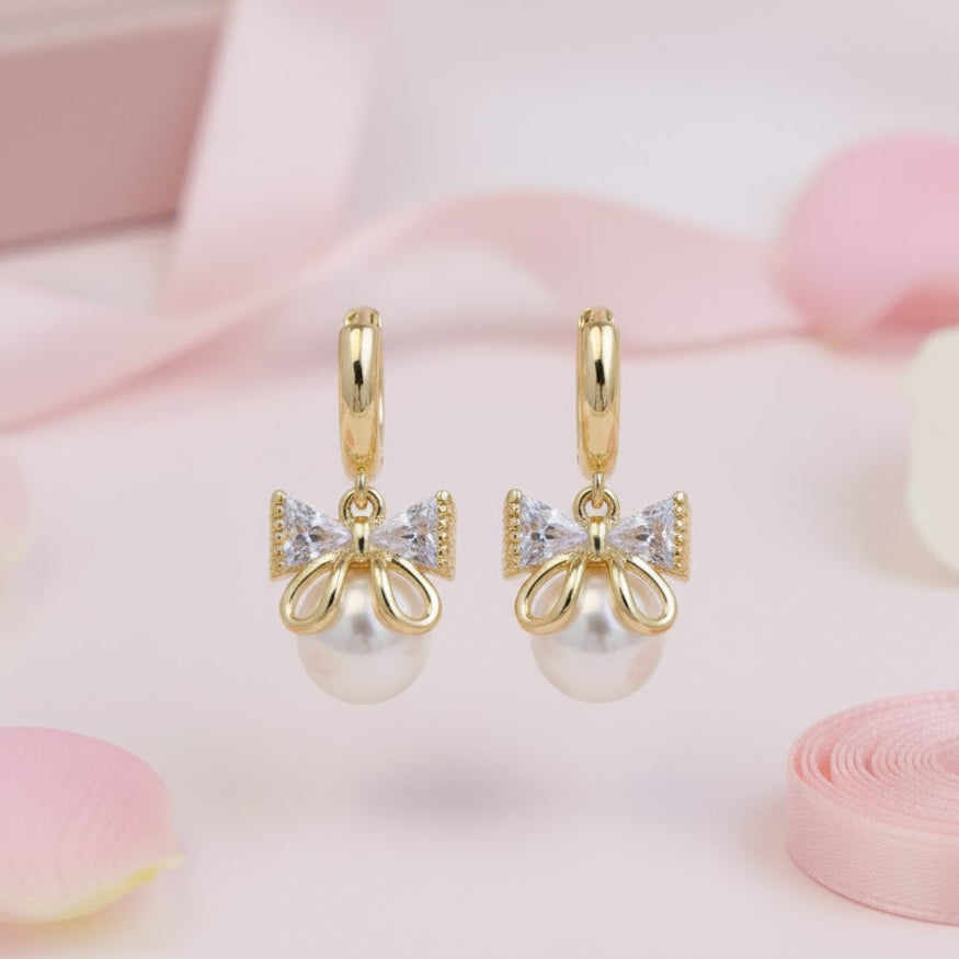 Pretty Please - Gold & Pearl Bow Earrings