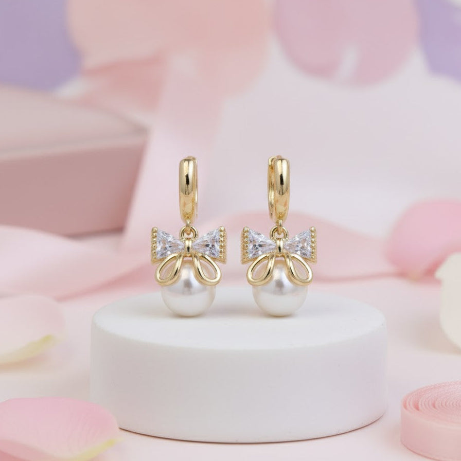 Pretty Please - Gold & Pearl Bow Earrings